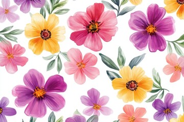 Watercolor Floral Delight: A Seamless Pattern of Pink, Yellow, and Purple Flowers with Foliage