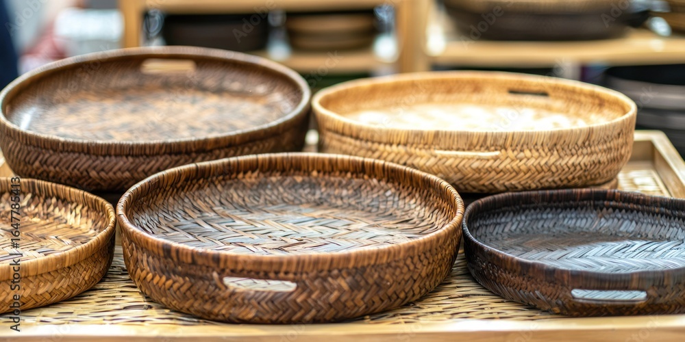 Poster a display of woven baskets arranged on a wooden shelf in a store setting. the baskets vary in size a
