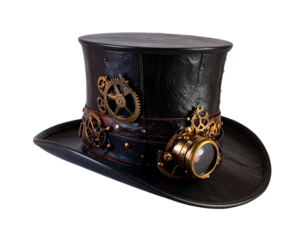 Steampunk-Inspired Top Hat with Brass Gears and Leather Accents  Angled Side View  Isolated on Transparent Background