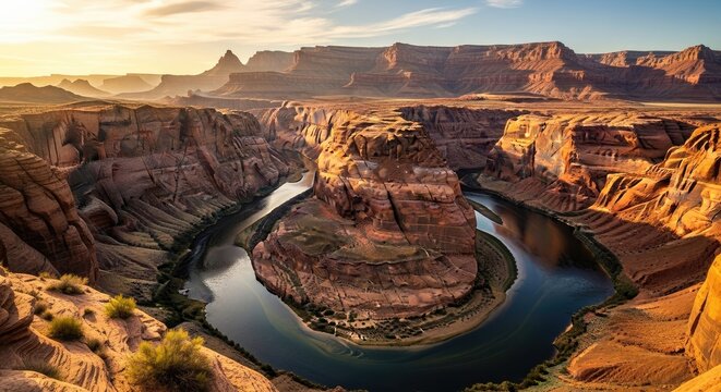 Iconic Horseshoe Bend with Colorado River Winding Through Red Rock Canyon at Sunset