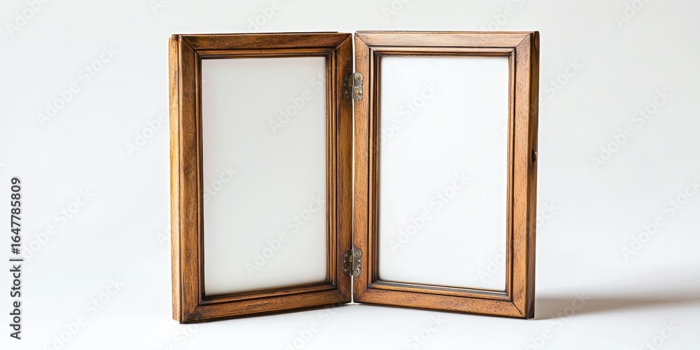Aufkleber a wooden picture frame with two empty spaces, open and standing upright against a plain white backgr