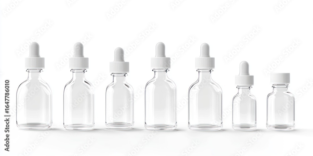 Poster six clear glass bottles with white dropper caps arranged in a row on a white surface. the bottles ar