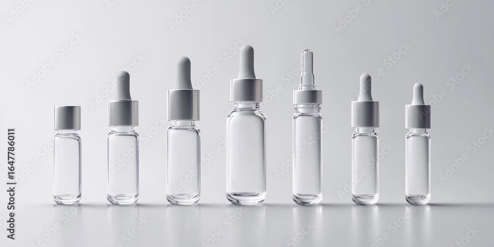 Poster seven clear glass bottles with dropper caps arranged in a row on a white surface. the bottles are un