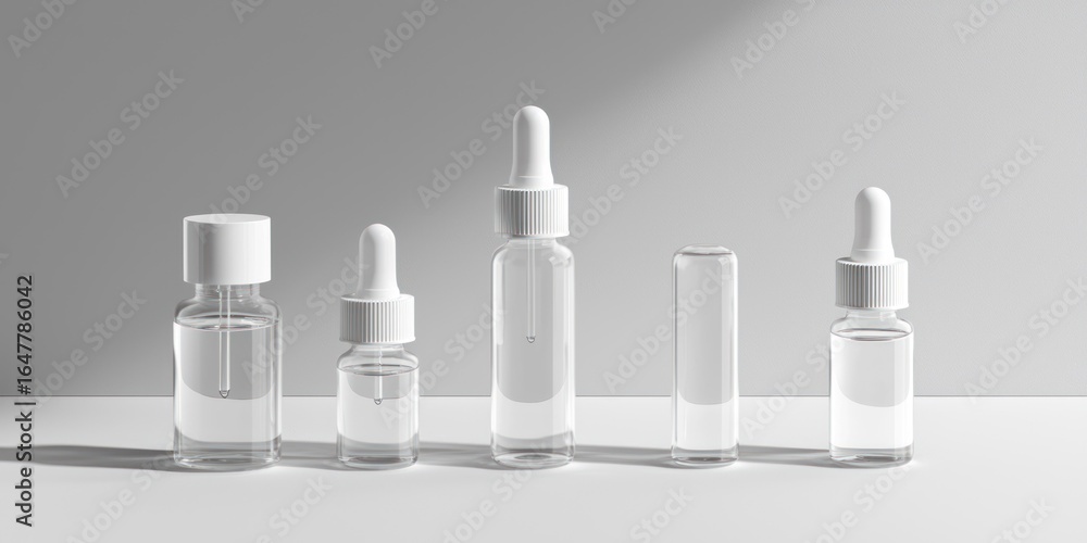 Poster five clear glass bottles with dropper caps arranged in a row on a white surface. the bottles vary in