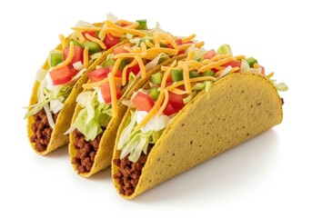 Three freshly made tacos with ground beef lettuce tomato cheese and sour cream food mexican