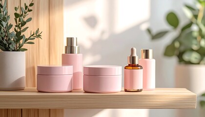 Pastel pink cream jars and skincare oils arranged on wooden shelf in natural light for beauty and cosmetic product presentation.