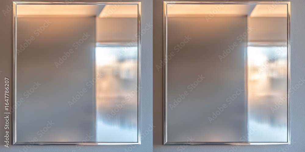 Poster two rectangular mirrors with frosted glass panels reflecting a blurred outdoor scene. the mirrors ar