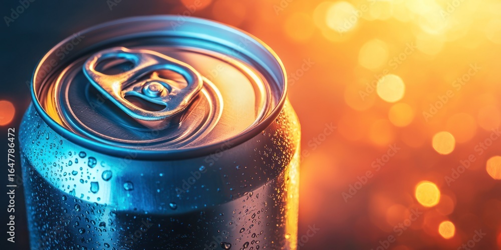 Poster close-up of a cold, metallic soda can with condensation, set against a warm, bokeh-lit background. t