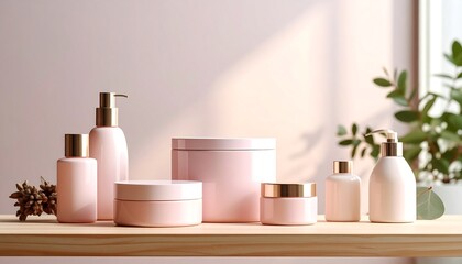 Pastel pink cream jars and essential oils on wooden shelf in natural light creating minimal skincare and beauty product display.