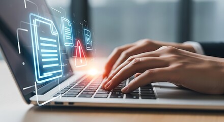 Data Security Hands on Laptop with Document Icons, Data Breach Warning, Securing Information, Preventing Cyber Attacks, Protecting Privacy