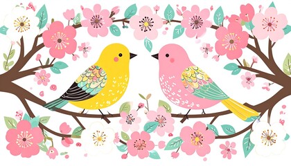 Naklejka premium Cute birds amongst spring blossoms