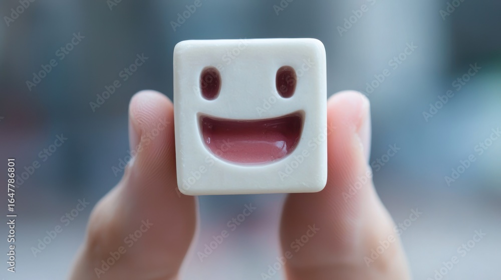 Poster a hand holds a small, white, cube-shaped object with a smiling face. the background is blurred, emph