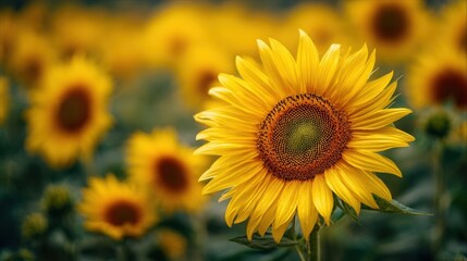 Obraz premium Vibrant sunflower blooms in a sunlit field under a softly blurred sky