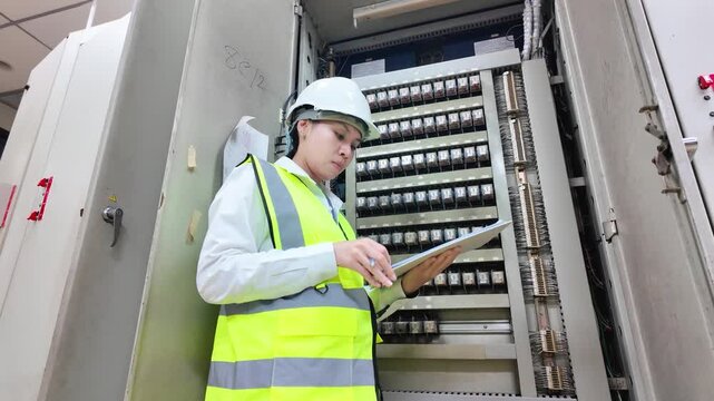 Substation engineer inspection on electrical panel protection relay system ensuring safety industrial worker focused attention maintenance reliability industrial environment