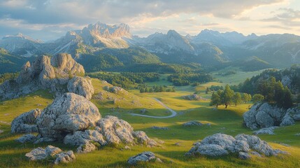Fototapeta premium Mountain valley at golden hour, with light gray rocks and lush green grass. Vast landscape, with distant peaks and a winding road