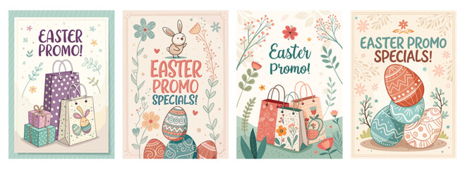 Colorful Easter promotional designs featuring decorated eggs, flowers, and gift bags.