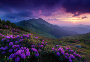 Fototapeta premium breathtaking sunrise over the Carpathian Mountains, with vibrant purple and red hues in the sky, illuminating a field of blooming rhododendrons on an alpine hillside