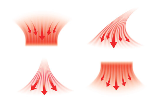 Set of hot airflow streams with arrow on white background. Illustration for air conditioning and heating systems.