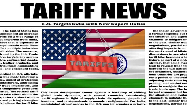 Tariff Trade war news animation with swinging container on usa and indian national flag and tariff news headline. Trade war between usa and India concept.