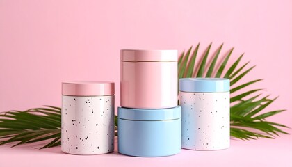 Pastel speckled canisters stacked with palm leaves on pink background for modern minimalist home decor and stylish product display.