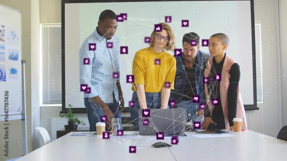 Poster business team touching laptop trackpad and navigating social icons while showing dynamic network