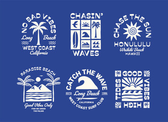 Summer and surf themed vector badge set with palm trees, waves, sun, surfboards, and tropical typography. Perfect for summer, vacation, and coastal lifestyle designs.