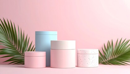 Pastel speckled canisters stacked with palm leaves on pink background for stylish minimalist home decor and product display concept.