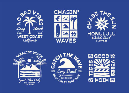 Summer and surf themed vector badge set with palm trees, waves, sun, surfboards, and tropical typography. Perfect for summer, vacation, and coastal lifestyle designs.