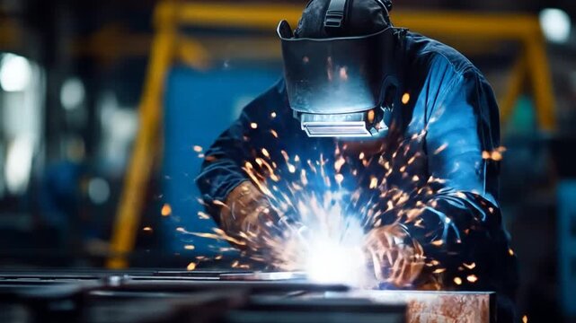 A skilled welder wearing protective gear focuses on a bright arc of welding in a busy industrial workshop, with sparks flying and machinery in the background