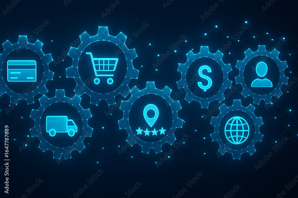 Poster a horizontal row of interconnected cogs, each with a different icon for e-commerce, showing the flow
