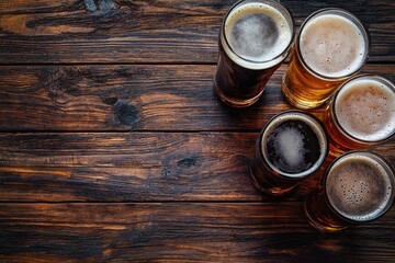 Top view of assorted craft beer glasses on rustic wooden table, ideal for brewery menus, bar promotions, and social media advertising