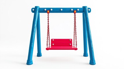Isolated image of a playground swing, full structure with detailed blue frame and red seat, positioned symmetrically in frame against pure white backdrop,