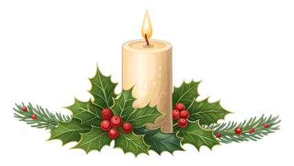 christmas candle with holly berries , elegant christmas candles isolated on transparent background
