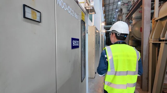 Engineer inspects gas insulated switchgear substation for maintenance and safety wearing protective helmet and reflective vest ensuring industrial operational reliability and professionalism