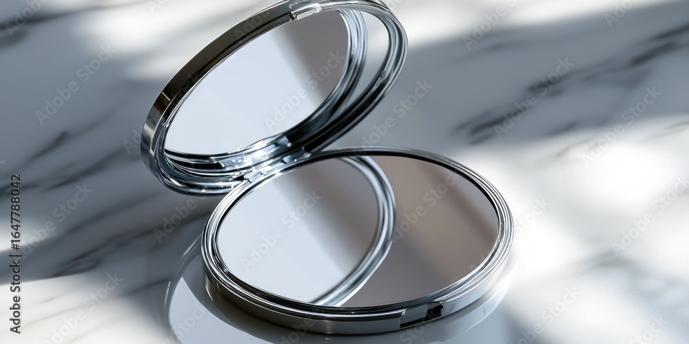 Poster an open compact mirror on a marble surface with soft shadows. the mirror reflects light, creating a 
