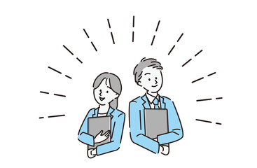 スーツを着ている男女が笑顔で背中を合わせているイラスト