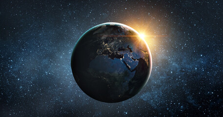 View from space of the sunrise over planet Earth. Elements of this image furnished by NASA.