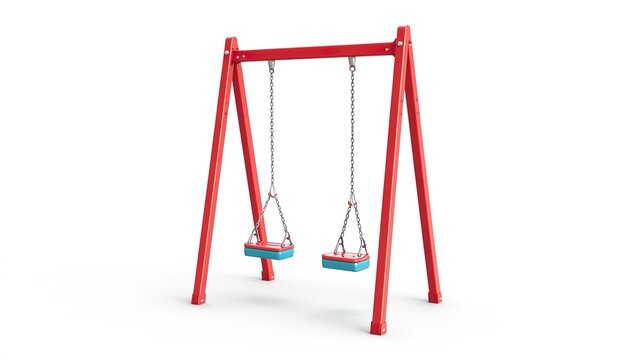 Isolated product image of a playground swing set, red plastic swing with chrome chains, sturdy blue frame,
