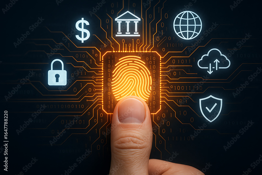 Poster a person's hand pressing on a fingerprint scanner, which is part of a futuristic circuit board with 