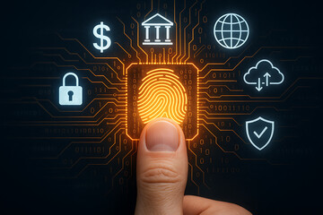 A person's hand pressing on a fingerprint scanner, which is part of a futuristic circuit board with finance and security icons surrounding it