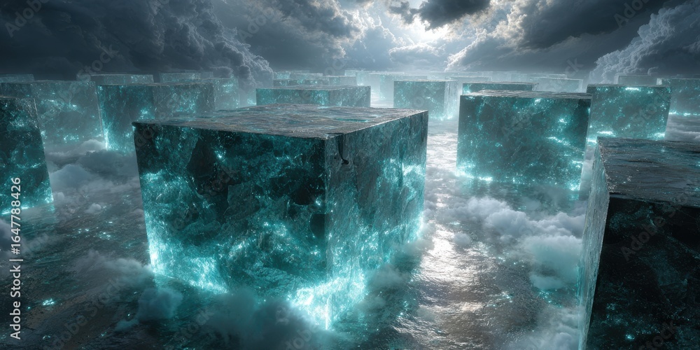 Aufkleber blockchain nodes materializing as crystal formations in digital void