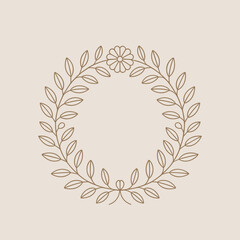 Delicate floral wreath with leaves and a central bloom botanical illustration delicate lines