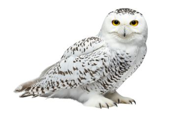 Majestic snowy owl perched gracefully with striking yellow eyes and mottled feathers.
