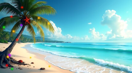 Fototapeta premium Tropical paradise beach with palm tree and turquoise ocean