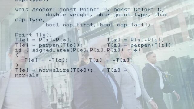Corporate team walking by glass facade while scrolling code from file read to geometry routines