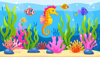 Underwater scene with colorful sea creatures and plants