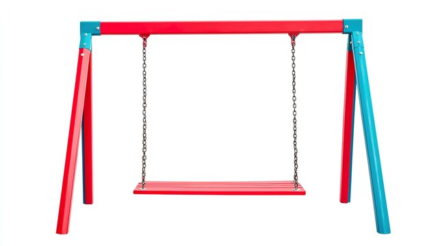 Long horizontal view of swing set from the side, showing length and chain drop, blue and red contrast with clean white space,