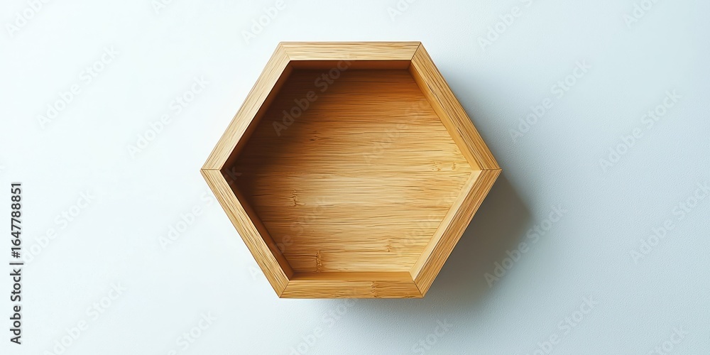 Poster a hexagonal wooden shelf with a smooth, natural bamboo finish, placed against a plain white backgrou