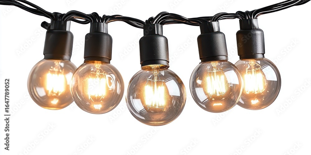 Poster string of illuminated globe lights against a white background. the lights are evenly spaced and emit