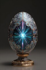 Ornate Jeweled Egg with Central Light Burst on Pedestal, Dark Background